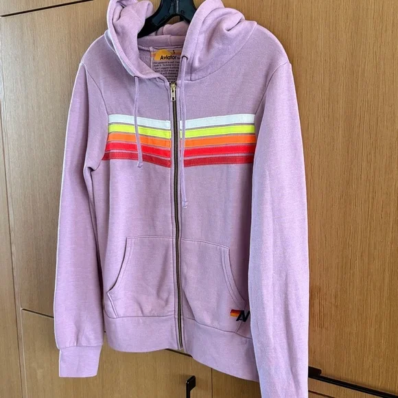 Aviator Nation 5 STRIPE Zip HOODIE Jacket Purple / MAUVE NEON colors Size Small - Picture 3 of 10